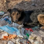 An abandoned dog is shown in thus image